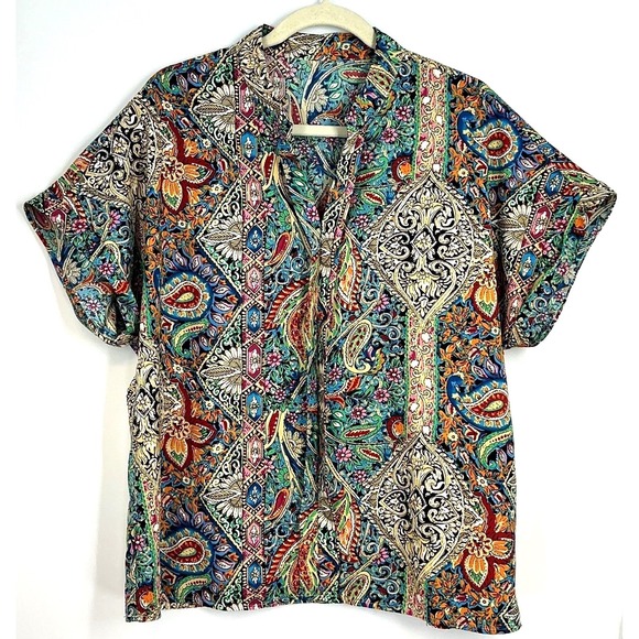 Tops - Multicolor Paisley Notch Collar Short Sleeve Blouse Boho Festival Maximalist XL